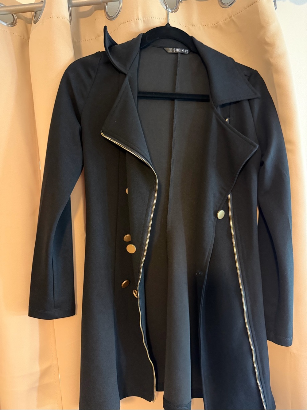 SHEIN Black Trench Coat with Gold Buttons and Zip